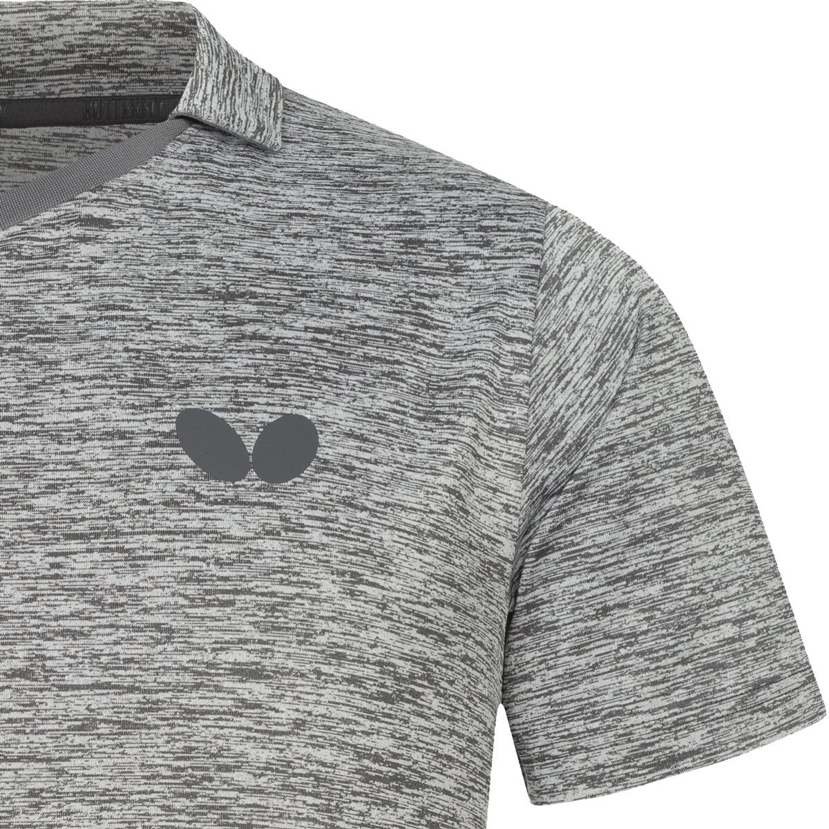 Butterfly Izumo Shirt: Close-up of Left Chest Butterfly Logo of Grey Shirt